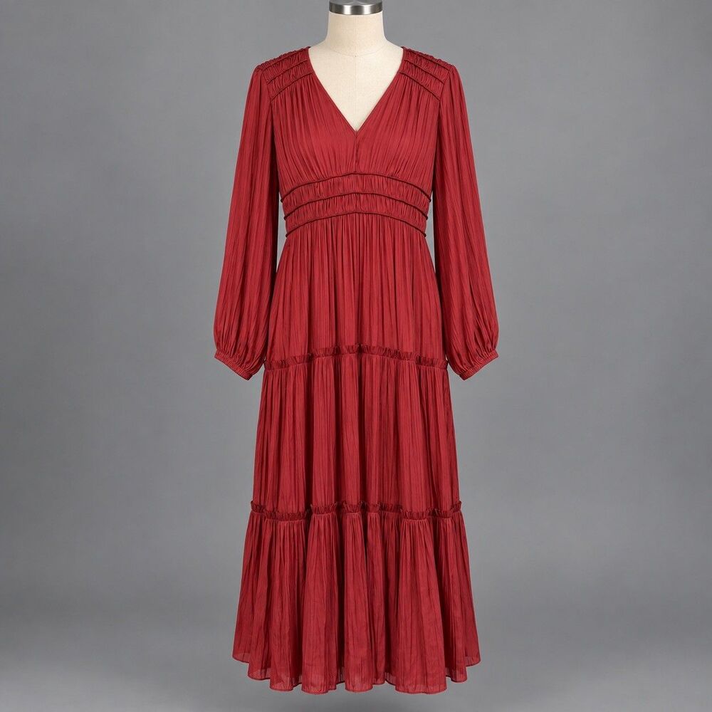 Anthropologie Red Pleated Maxi Dress Size S Long Sleeve Wedding Guest Holiday